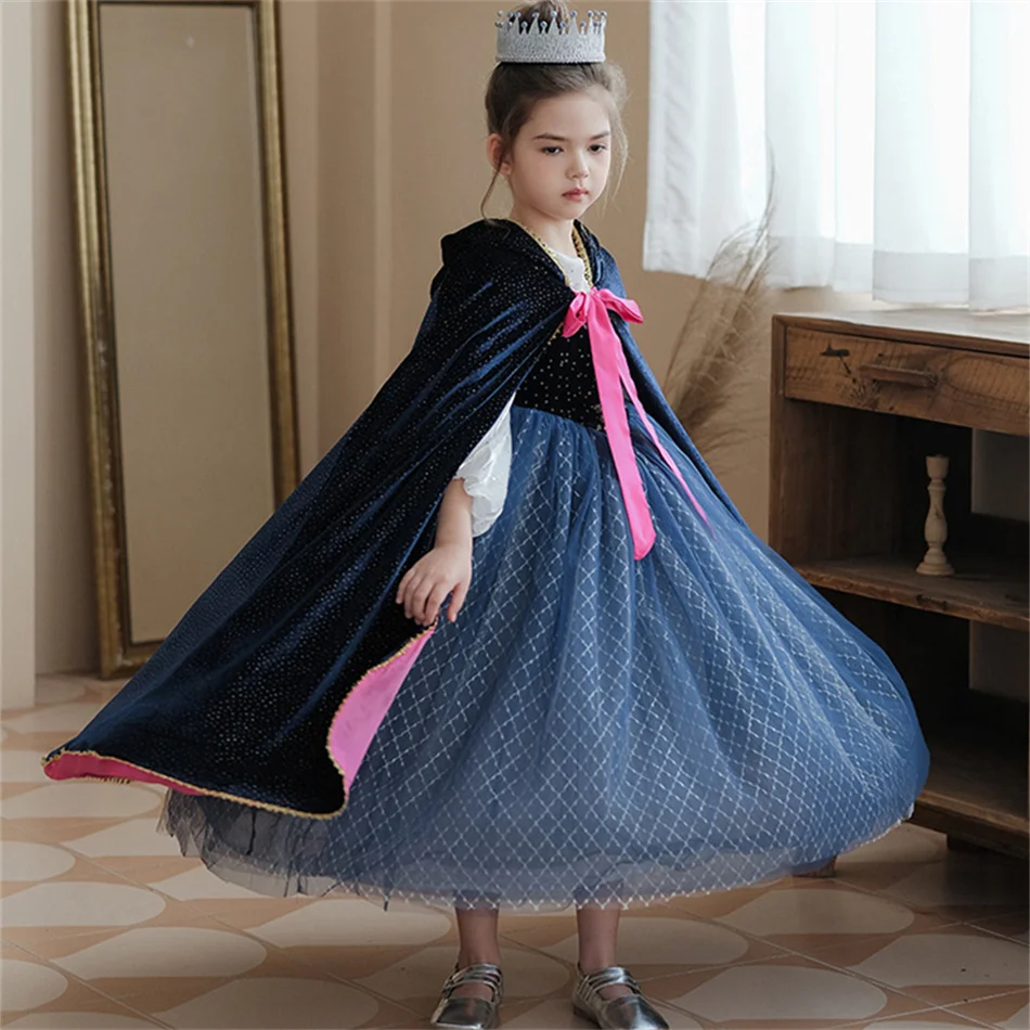 Anna Role Play Princess Hooded Cape Girl Print Cloak Kid Cosplay Birthday Carnival Halloween Party Charm Shiny Costume Accessory