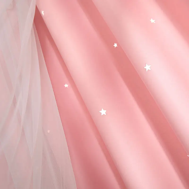 Hollow Out Star Princess Style Pink Double Layer Curtain Blackout Curtain for Living Room Bedroom 4