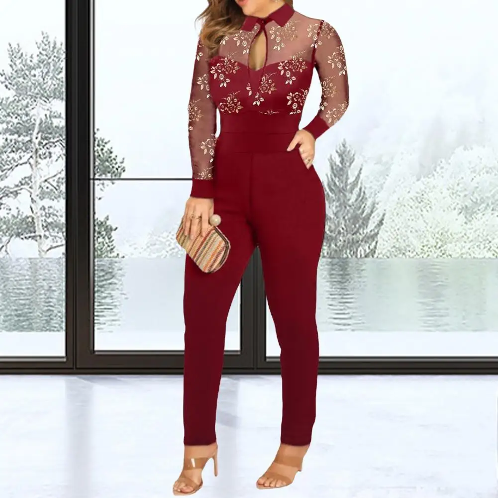 

Women Flower Print Jumpsuit Elegant Mesh Flower Print Jumpsuit for Women Slim Fit High Waist Long Sleeve Ol Commute for Women