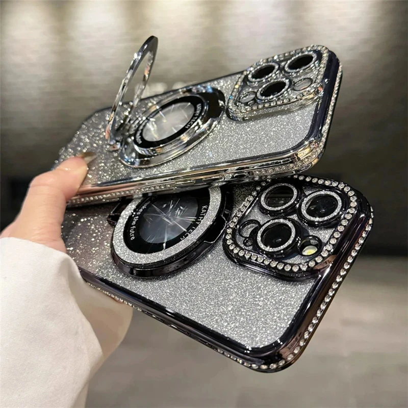 Luxury Plating For Magsafe Magnetic Stand Holder Glitter Diamond Case For iPhone 15 11 12 13 14 Pro Max Plus Soft Silicone Cover