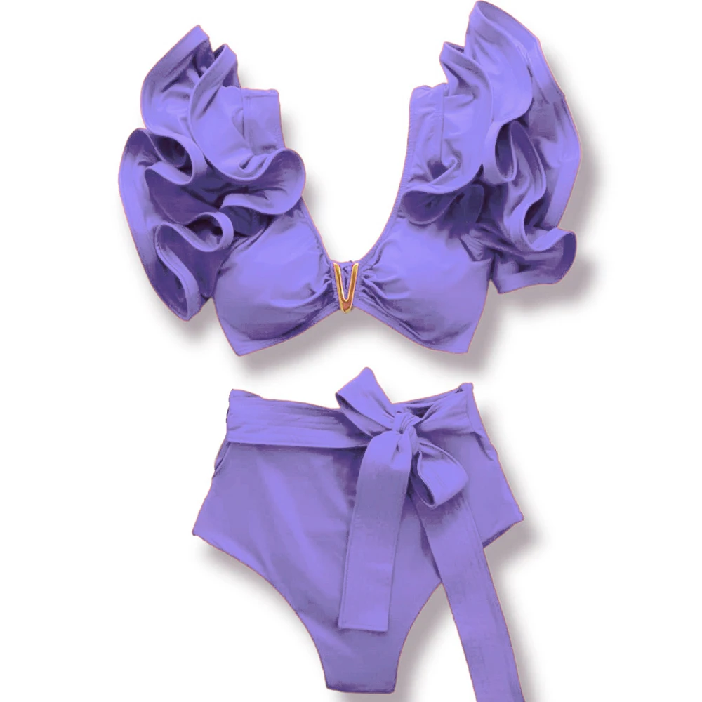 2025 New Sexy High Waist Bikini Sets Ruffle Swimwear Women Swimsuit Print Floral Dots V-neck Beach Wear Bathing Suits Biquini 2