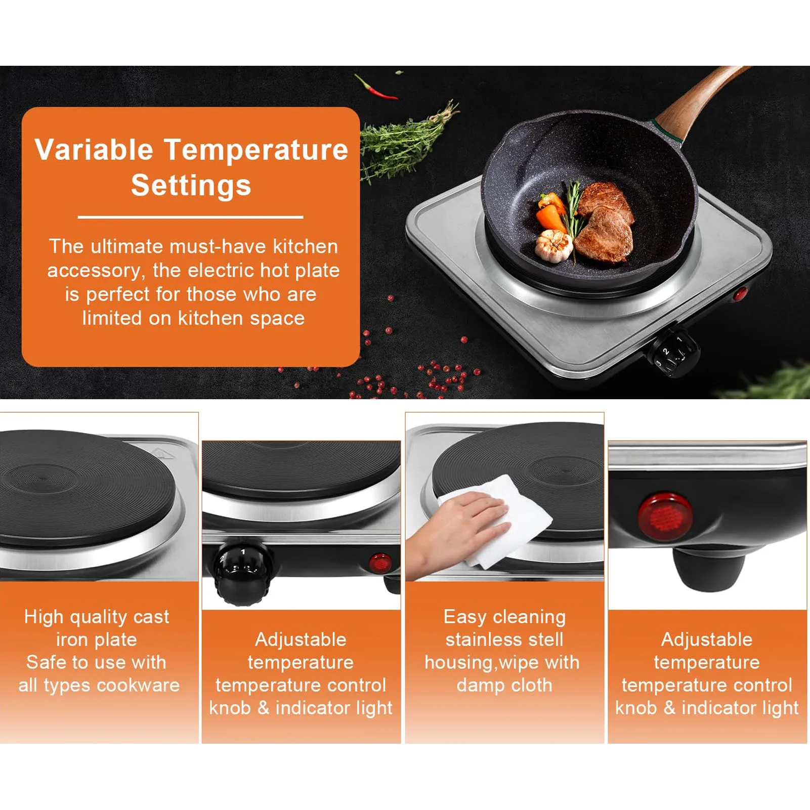 1000W Electric Countertop Single Burner 5 Level Temperature Control Hot Plate for Cooking Stainless Steel Base 220V 2