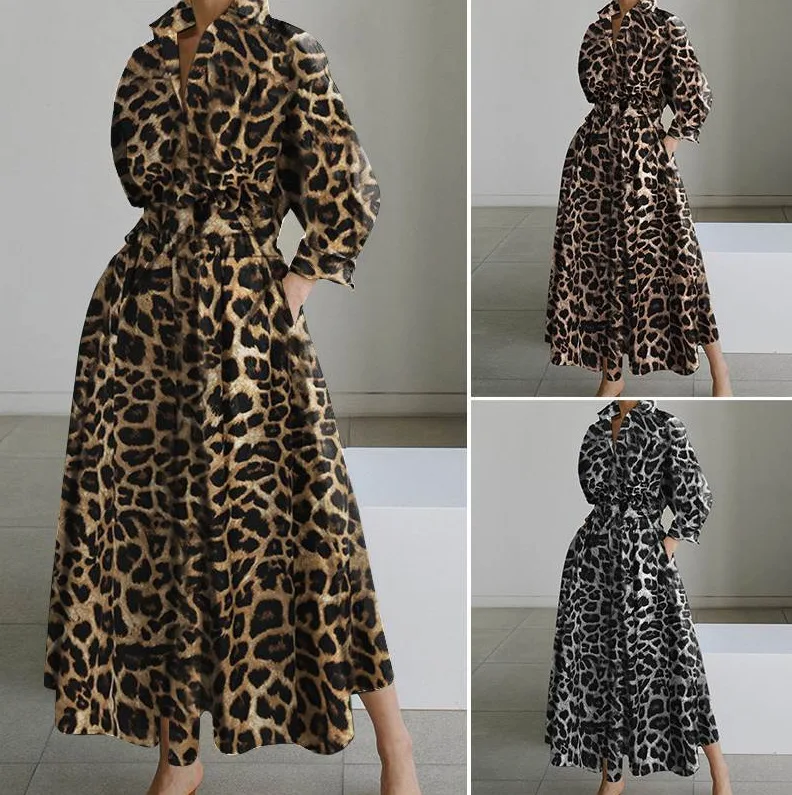 

Temperament Dresses for Women 2023 Fashion Leopard Print Loose Cotton Hemp Elastic High Waist Academy Shirt Dress Streetwear