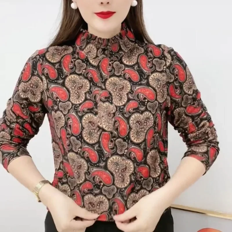 

Autumn and Winter Women's Pullover Half High Collar Printing Flocking Slim Underlay Fashion Casual Elegant Long Sleeve Tops