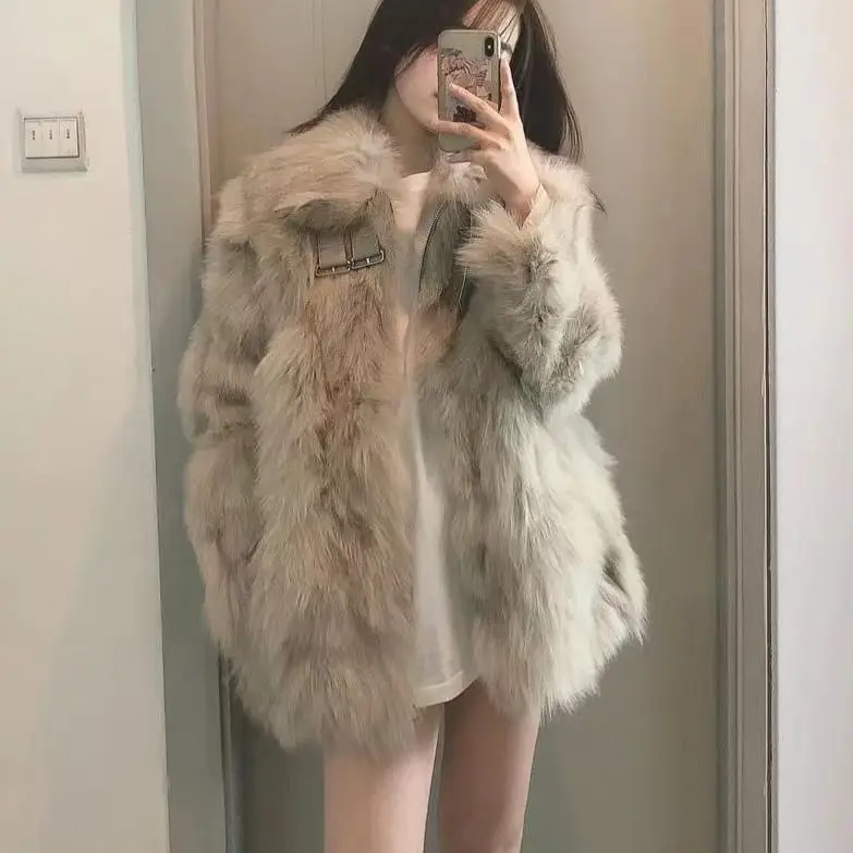 

2023 Women Autumn Winter New Motorcycle Loose Jackets Female Thick Warm Faux Fur Coats Ladies Imitation Fox Fur Overcoats A524