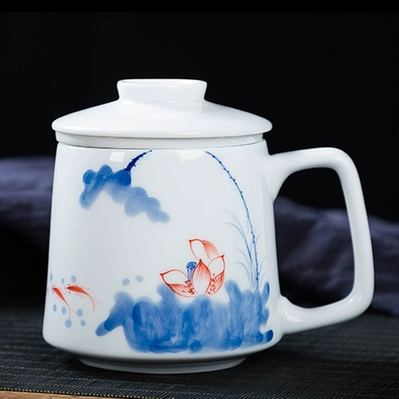 Chinese Style Tea Filtering and Separation Cups, With Cover White Porcelain Personal Mug, Home Drinkware Ceramic Office Cup, 1Pc