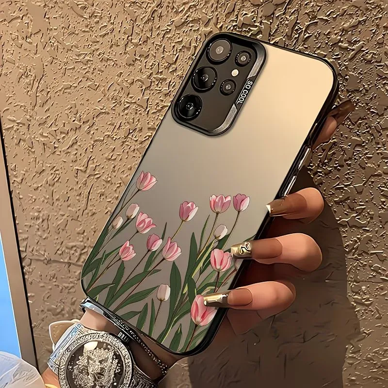Pink Tulip Floral Shockproof Phone Case with Colorful Silver Accents