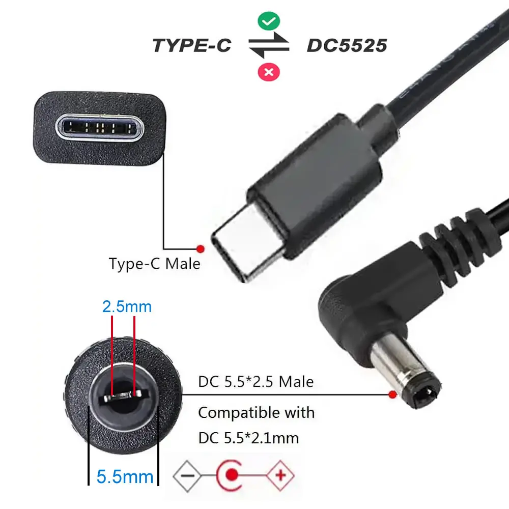 USB C to DC 5.5mm x 2.5mm 전원 코드, USB 타입 C PD 입력 to DC 20V 5A 출력 전원 케이블, 야외, 스튜디오 및 여행 충전용