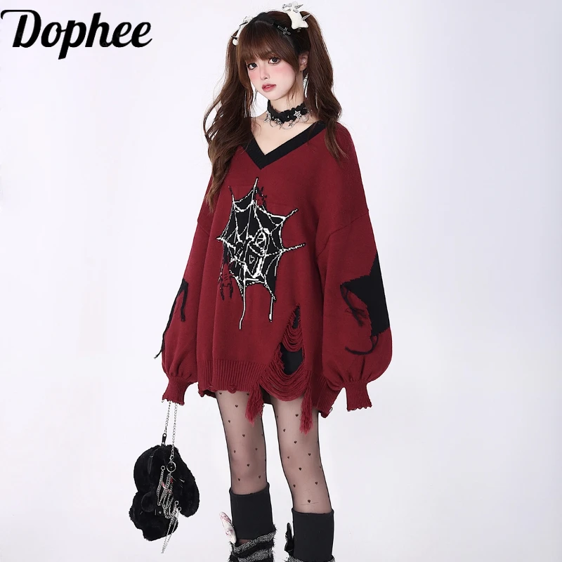

Dophee Original Autumn Winter Women Sweaters Diablo Subculture V-neck Oversize Pullover Top Mid-long Printing Knitted Jumpers