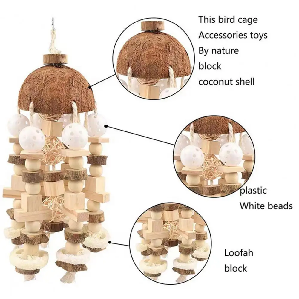 Coconut Shell Parrot Chewing Toy Hanging Natural Wooden Parrot Cage Bite Toy Medium Large Bird Supplies игрушки для попугаев 5