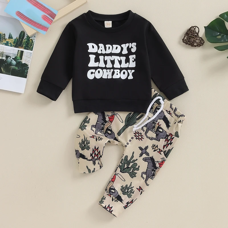 

Baby Boy Fall Spring Outfits Set Long Sleeve Letter Print Sweatshirt Tops Cactus Pants Set Toddler Boys Warm Clothes Set