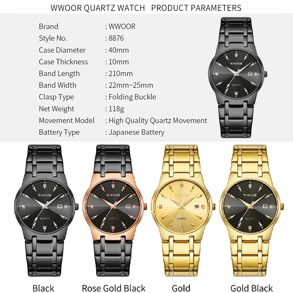 WWOOR 2023 Fashion Men Watches Luxury Diamond Quartz Full Black Watch For Men Stainless Steel Waterproof Date Clock Reloj Hombre
