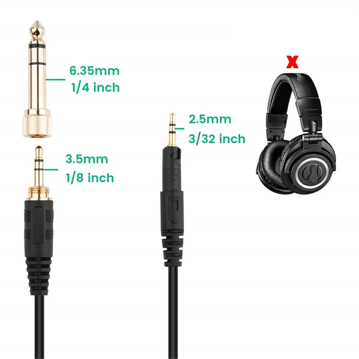 (A75T) ATH-M50x 케이블, 오디오테크니카 ATH-M40x, ATH-M70x 헤드폰용 코일형 AUX 코드 교체품(1/4인치 어댑터 포함, 4피트10피트)