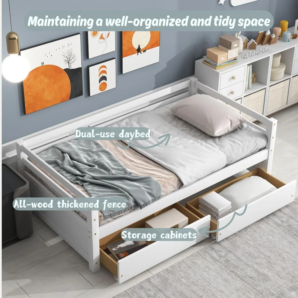 Twin Daybed with 2 Storage Drawers, Wooden Twin Size Daybed Frame, Dual-Use Daybed Sofa Kids Bed for Living Room,Children Room 4