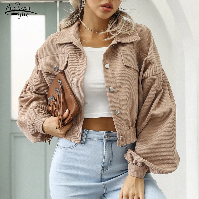 

2023 весеннее винтажное вельветовое пальто, женская куртка, зимнее пальто, однобортная верхняя одежда, женские куртки с рукавами-фонариками 18047