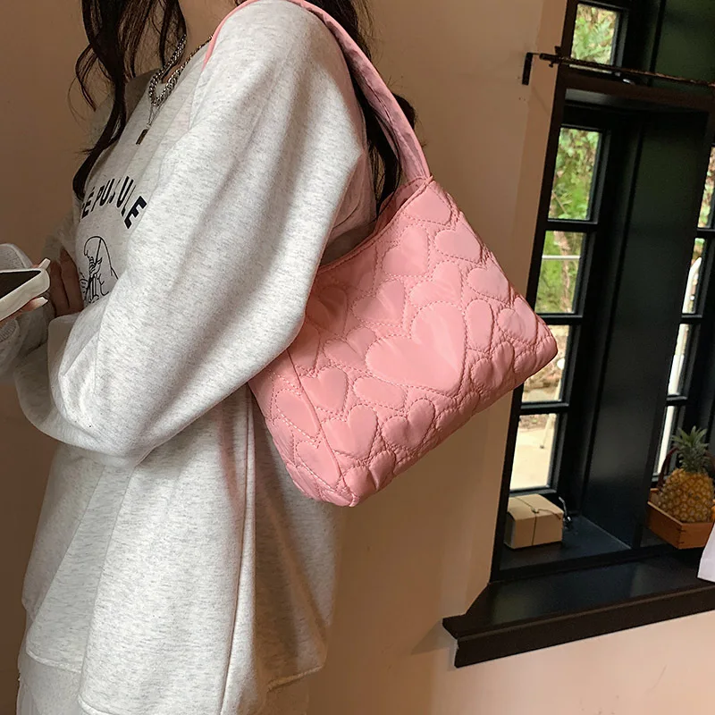 Tote Bags for Women Oxford Luxury Designer Handbags Purse Fashion Heart Winter Small Shoulder Bag Quilted Padded Top Handle Bag - 2