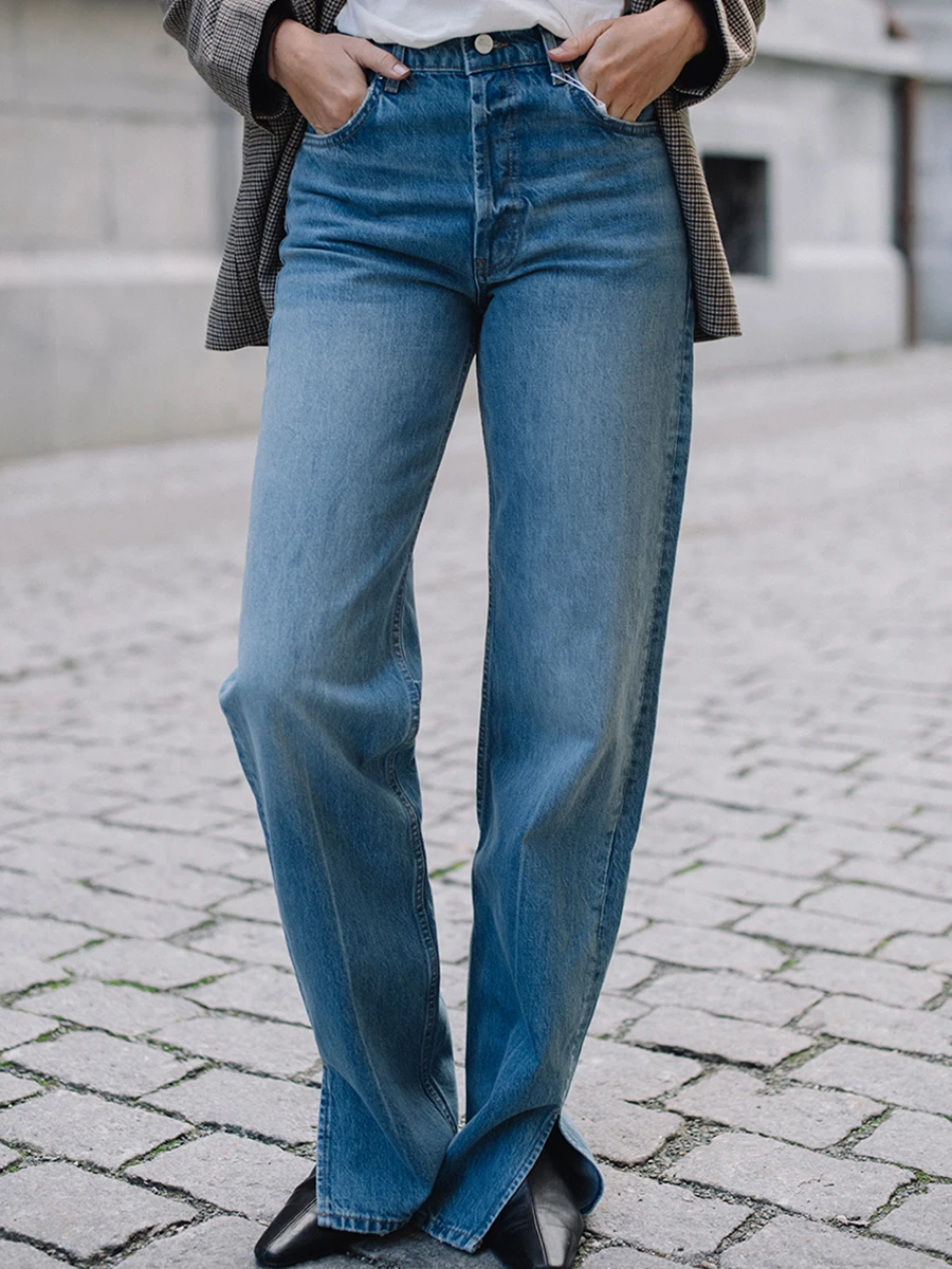 

Stylish Side Slits Full-length Jean Women Autumn Winter Soft Cotton Denim Casual Boyfriend Long Pants Vintage Designer Trousers