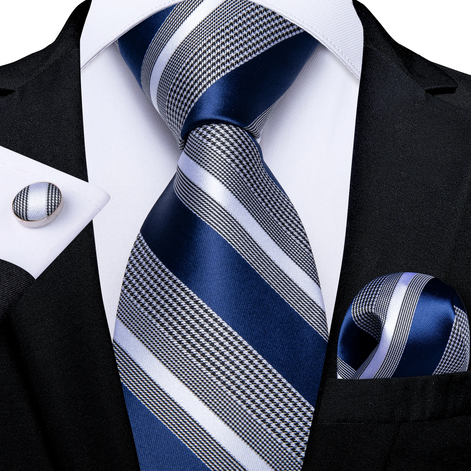 Luxury Blue Striped Mens Necktie Set - 8cm Width with Pocket Square  Cufflinks for Wedding  Business