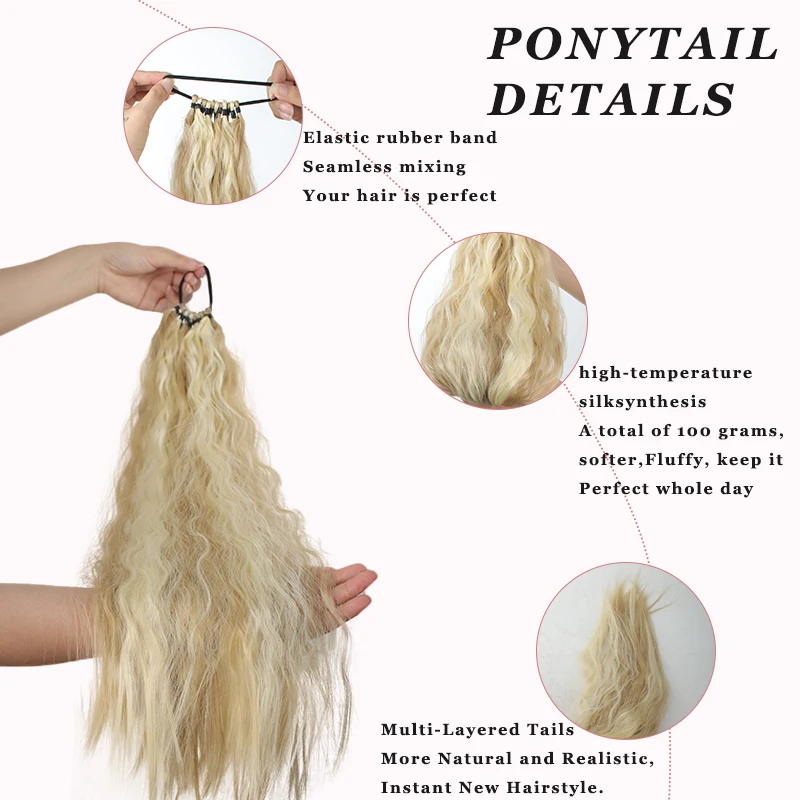 24 inch Long Synthetic Curly Wavy Ponytail wig, Looks Curly and Extended, Gold/Brown/Black/, Maintenance Free (DIY hairstyle)