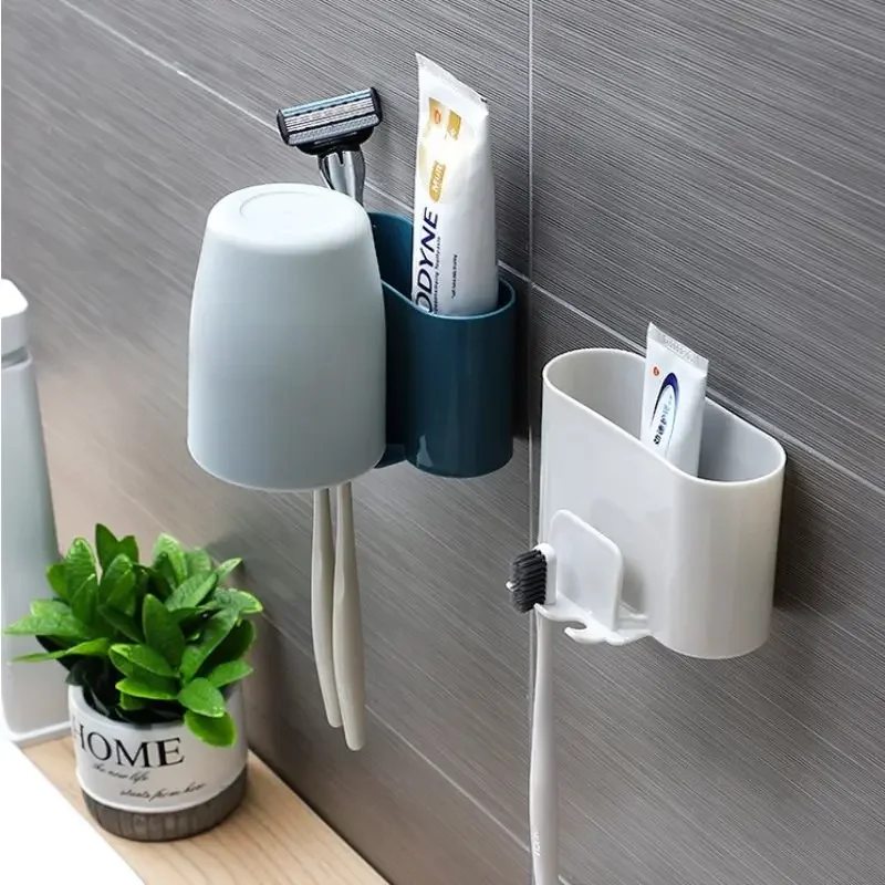 Toothbrush Holder Punch-free Wall-mounted Toothbrush Holder Shaver Toothpaste Mouthwash Cup Storage Rack Bathroom Accessories toothbrush holder