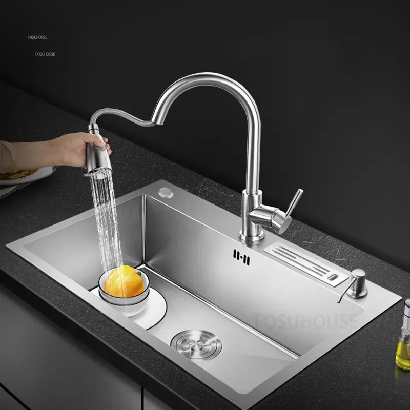 Simple Stainless Steel Kitchen Sinks Hand Drawing Wash Basin Under The Counter Basin Single Slot Wash Kitchen Accessories