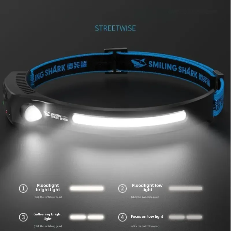LED Flashlight SMILING SHARK COB Headlamp Powerful Induction LED Sensor Head Torch USB Charging Battery Flashlight Fishing Outdoor Riding
