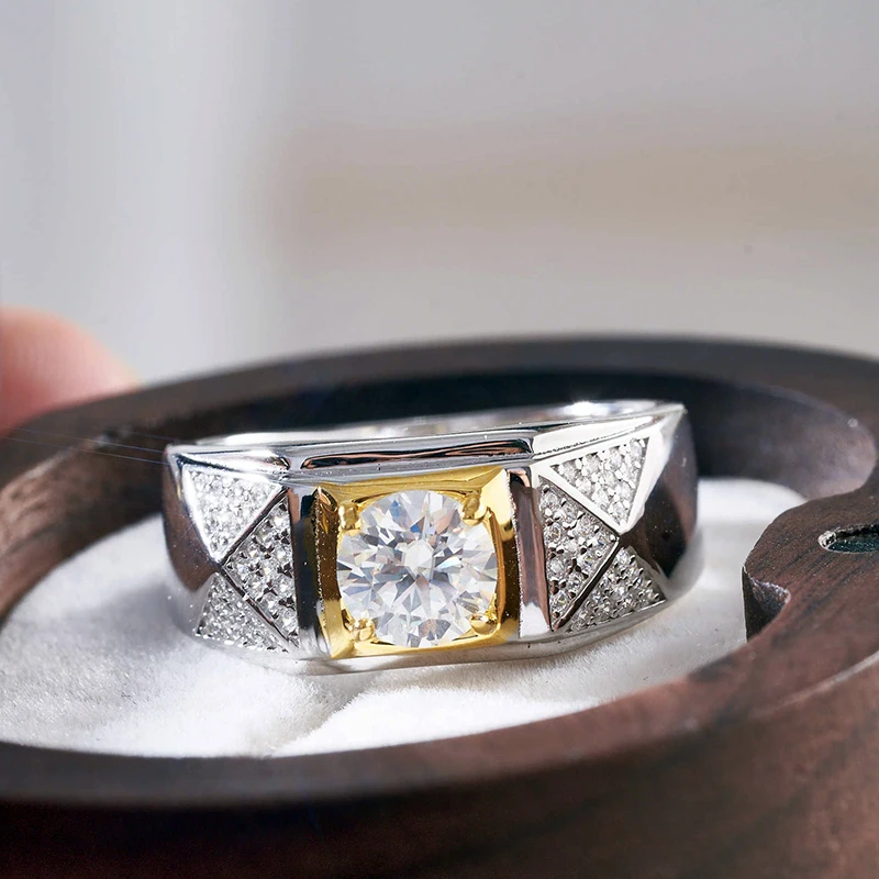 JoyceJelly 1CT 6.5mm anello Moissanite per uomo anello da uomo d'affari bicolore 18K anello di lusso in argento Sterling 925 gioielli taglia 7-11