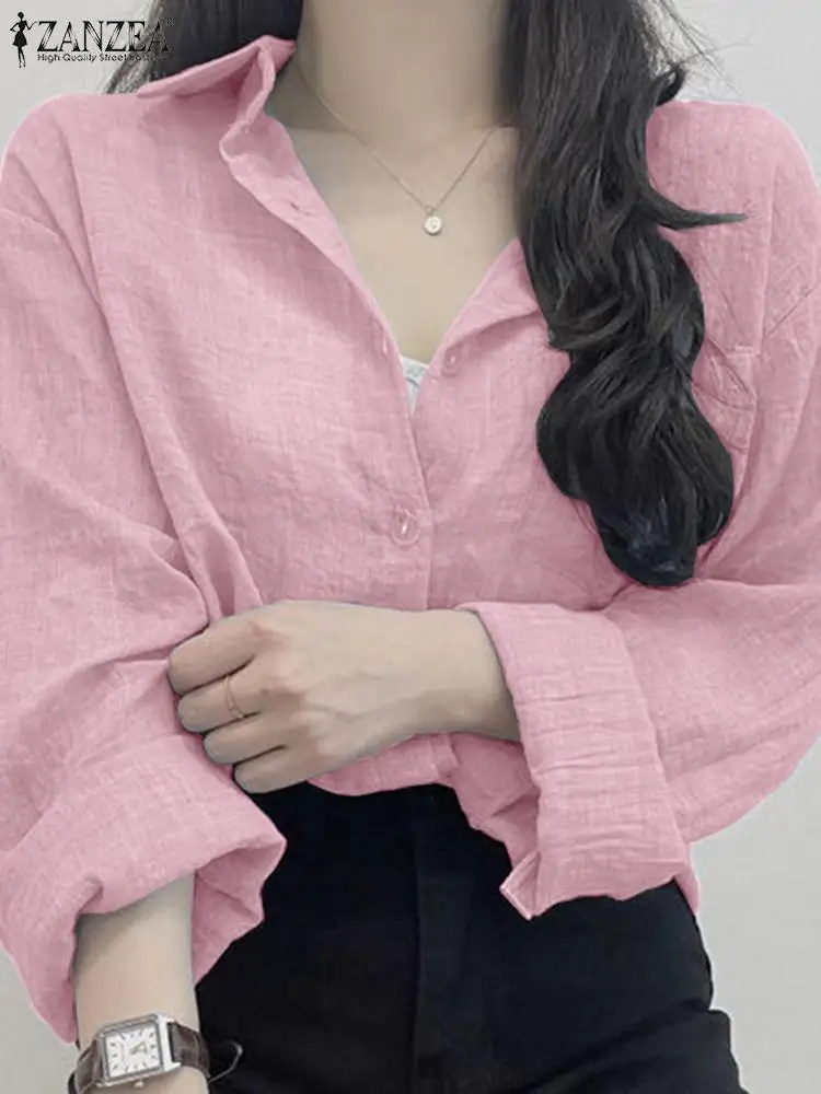 

Блузка ZANZEA Женская однотонная с отложным воротником, модная повседневная Свободная рубашка с длинным рукавом, универсальная на пуговицах, лето 2024