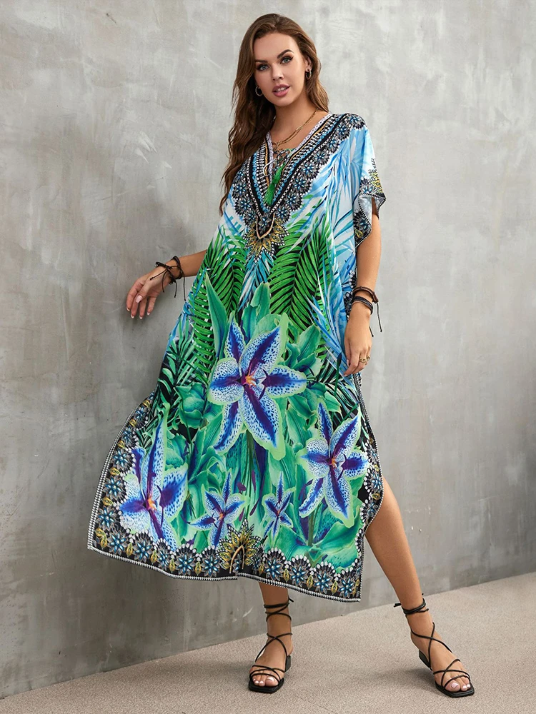 Edolynsa 2022 Bohemian Printed Loose Kaftan Casual Summer Vacation Maxi ...