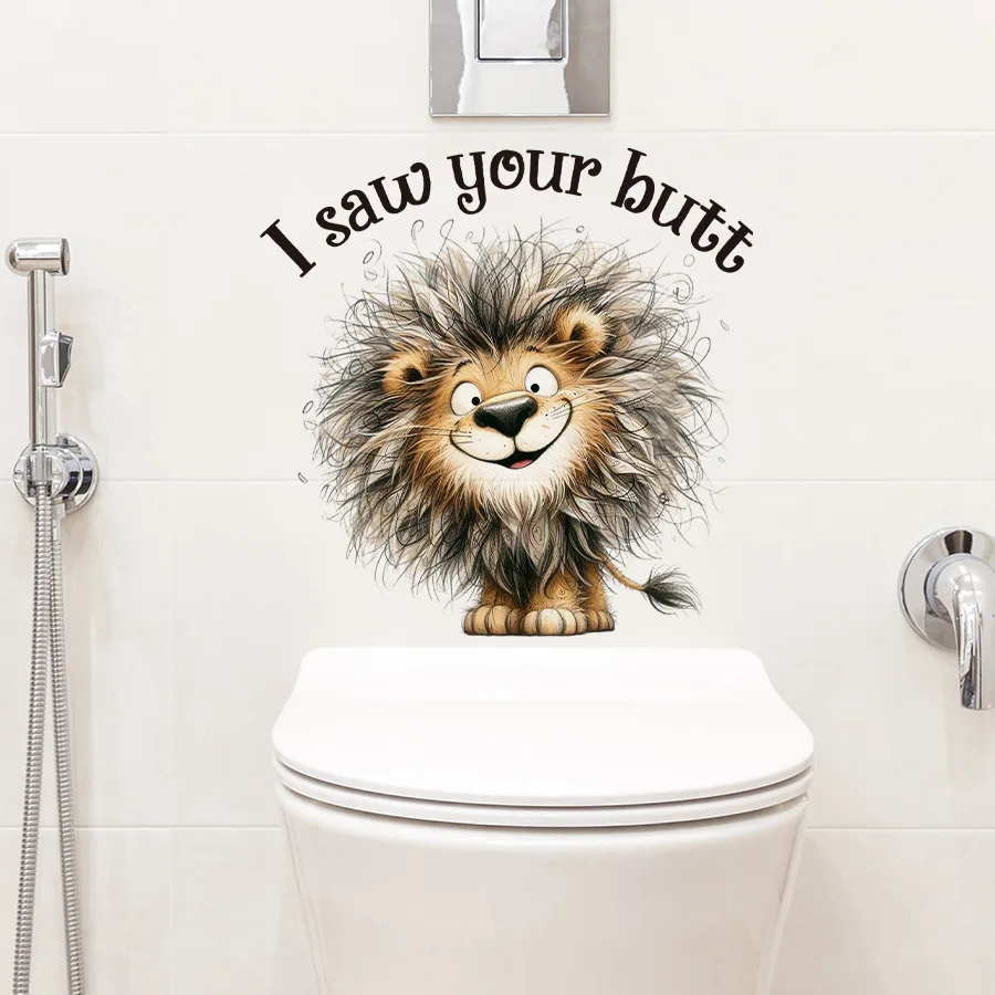 1cs Loute Cartoon Lion Toilet Stickers Creative Stickers Wall Bathroom Waterproof Family Bathroom Decoration