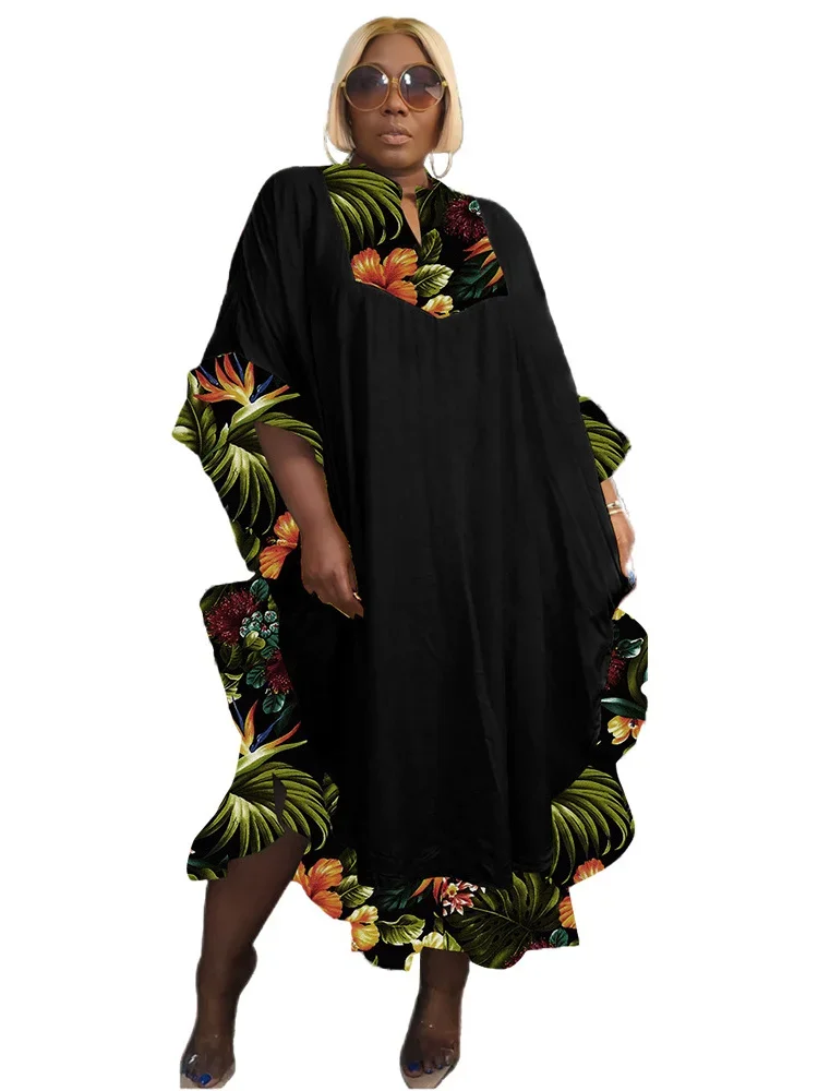 Wmstar Plus Size Dress Women Patchwork Africa Maxi Dress Outfits Formal V Neck Loose Floral Print Elegant Wholesale Dropshipping