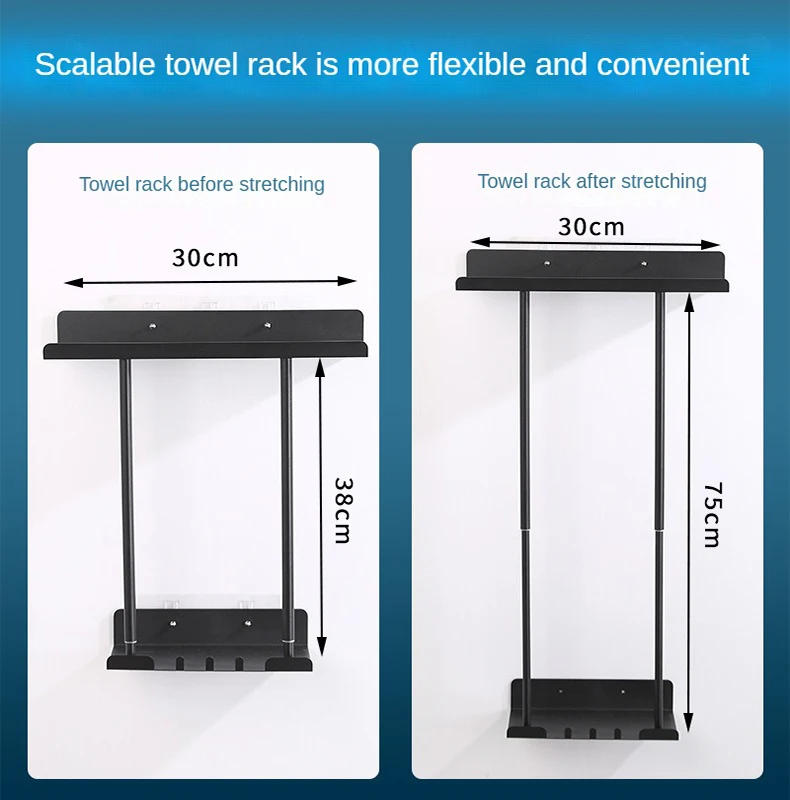 Description Picture 4 of itemRetractable Towel Rack Bathroom Accessories Wall Mount Bath Towel Shelf With Hook Black Carbon Steel Shower-room Storage Shelves