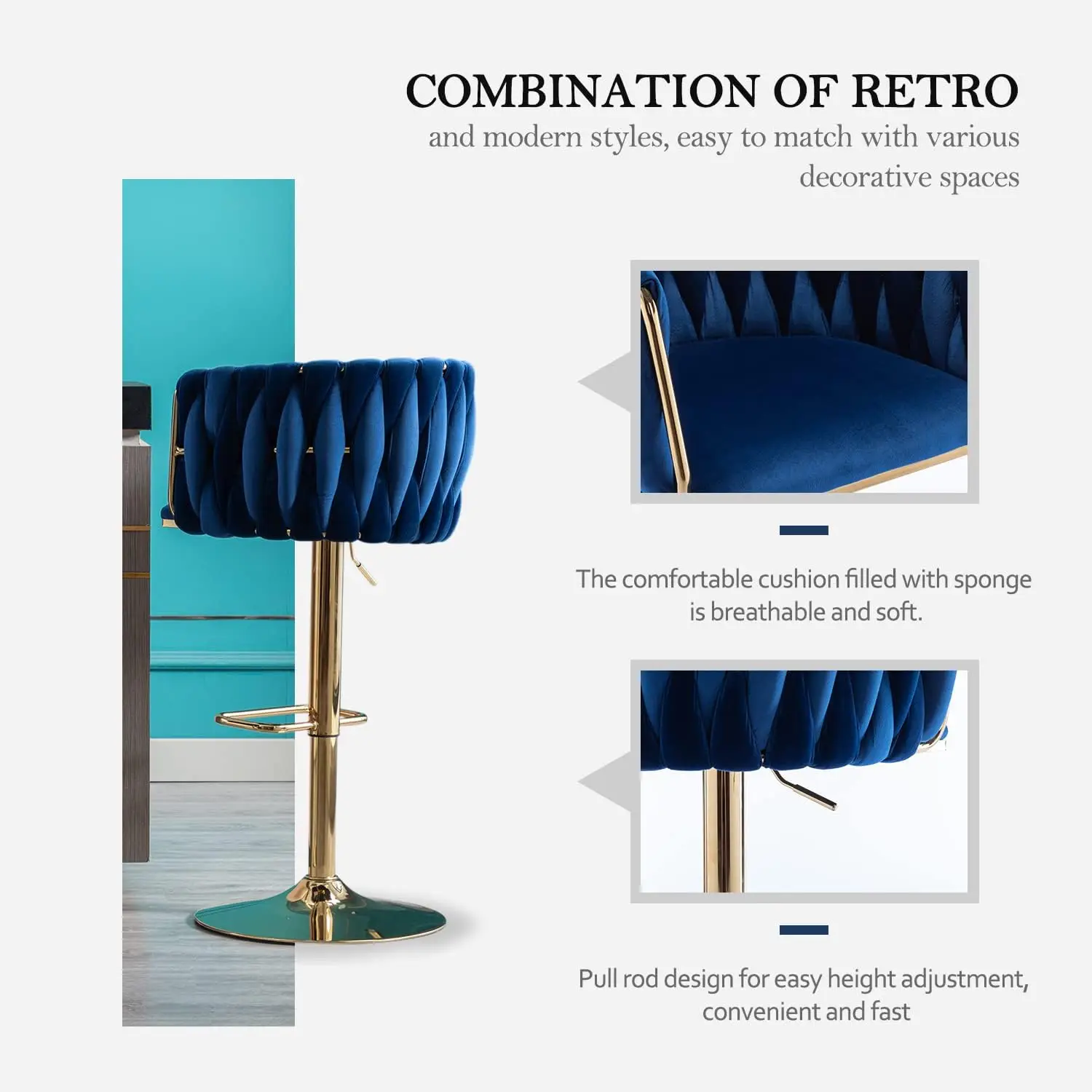 360&deg; Velvet Swivel Bar Stools Set of 4 Adjustable Counter Height Bar Chairs with Woven Back & Footrest Luxury Gold Stools