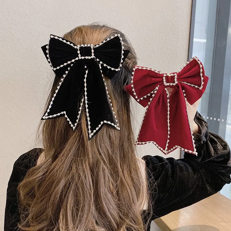 Velvet Large Bow HairClip With Top Clip Temperament Chain Rhinestone Spring Clip Ponytail Clip For Women luxury nail drill high waist slim temperament lace dress woemn with pearl belt vestidos para grados robe de soiree bleu roi k989