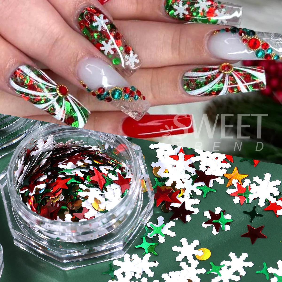 12pcs Christmas Sparkling Nail Art Glitter Mixed Snowflakes Laser Powder Gold Foils Sugar Flash Winter New Year Manicure Decor
