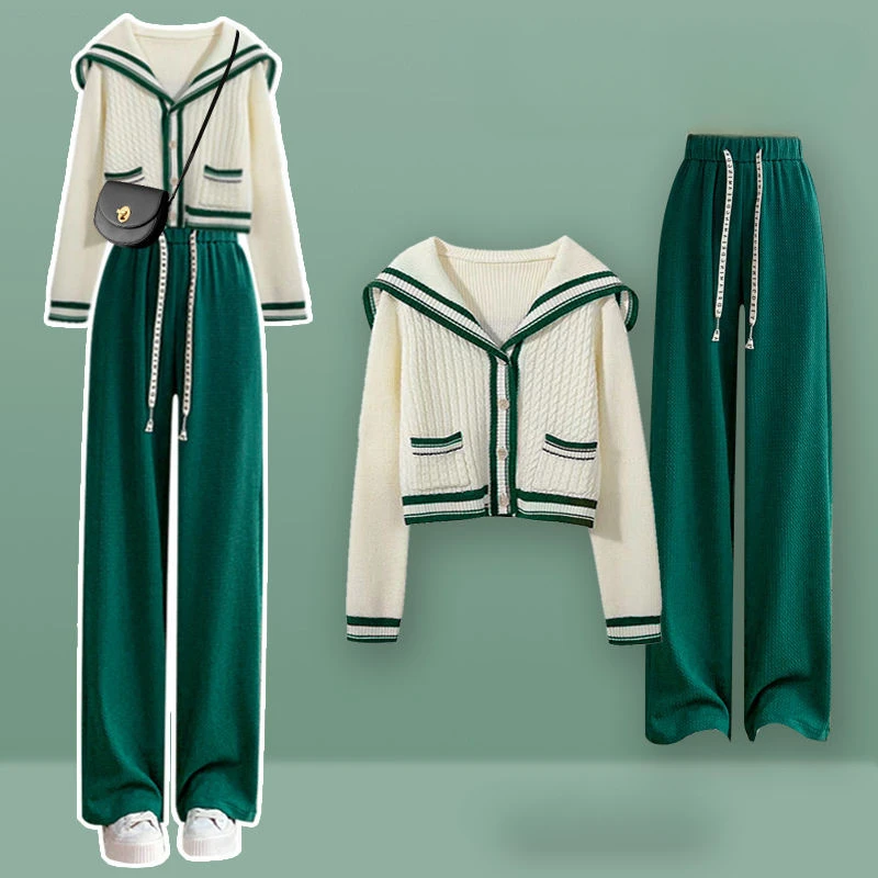 

QIWN Spring Autumn Sets Womens 2 Piece Fashion Long Sleeve Knitted Jacket + High Waist Loose Pants Ladies Casual Outfits O462
