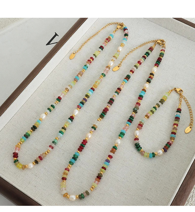 Süßwasser perlenkette bunte Natursteine Perlen Damen Edelstahl zweiteilig Set Charm Schmuck – Detail 9