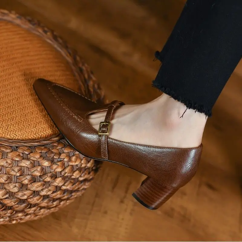 

Туфли женские на среднем каблуке 5 см, простые туфли-лодочки в Корейском стиле, элегантная обувь из воловьей кожи, туфли-лодочки во французском стиле, на каблуке, весна-осень