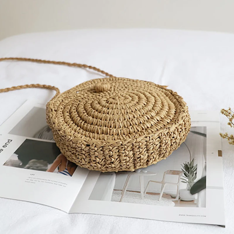 Round Straw Crossbody Bag Handmade Woven Small Shoulder Bag For Women Summer Beach Circle Bohemia Travel Handbag and Purse
