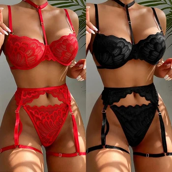 Lingerie erotica sexy Reggiseno da donna Giarrettiere Perizoma Patchwork Set di lingerie trasparente Set di biancheria intima sexy da donna Costumi sexy porno 1