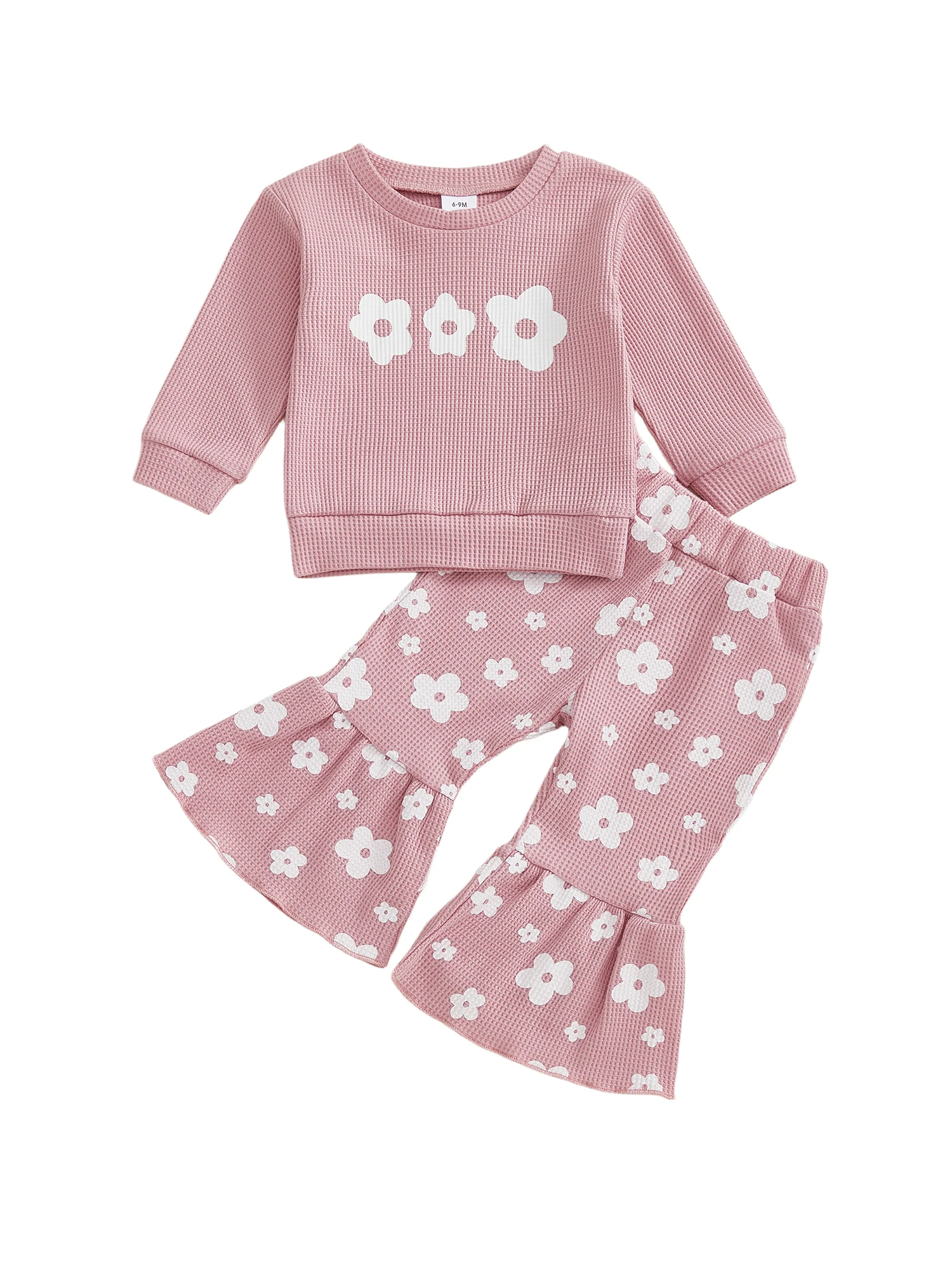 Toddler Girls 2-piece Set Floral Print Long Sleeve Pullover with Elastic Waist Flare Pants Autumn Clothing Ensemble