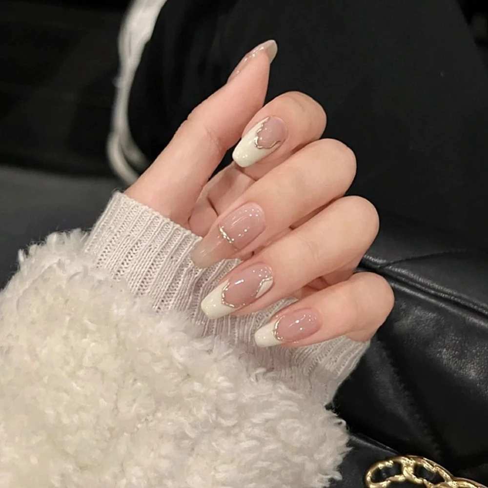 24pcs Irregular Gold Line Nude Pink White False Nails Glossy Coffin Full  Cover Artificial Fake Nails 2022 French Press On Nails| | - AliExpress