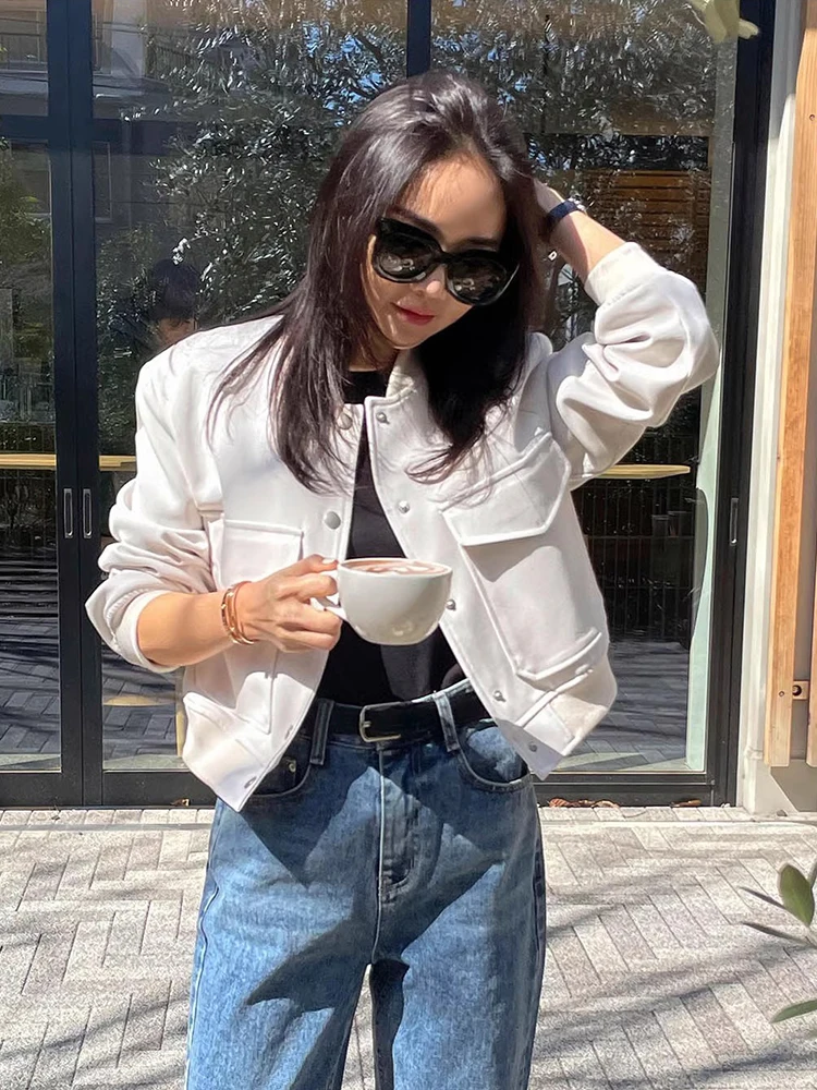 

Женская короткая бейсбольная куртка, Весенняя однобортная свободная универсальная куртка с большими карманами в стиле ретро