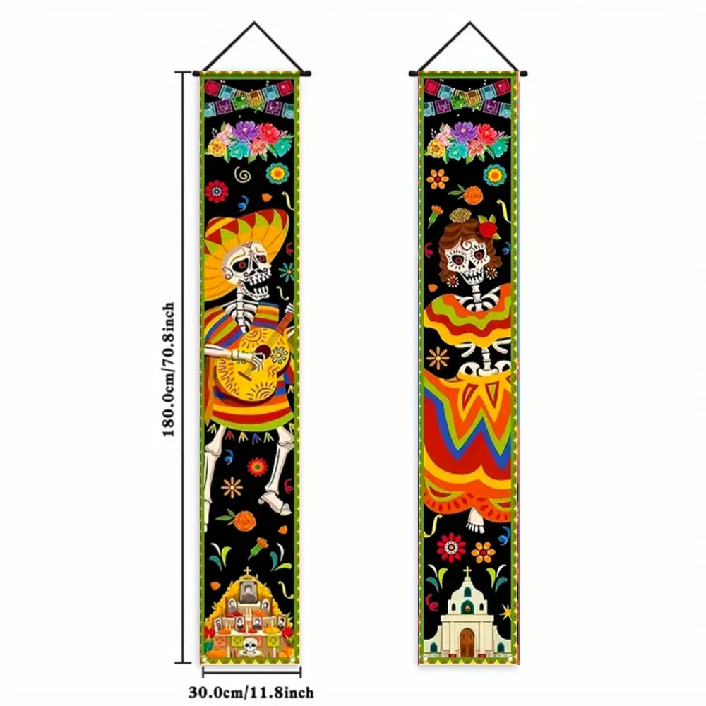 2pc 1Set Tag der Toten Mexikanisches Festival Party Veranda Zeichen Halloween Hängen Tür Vorhang Banner Schädel Couplet party Dekorationen – Detail 3