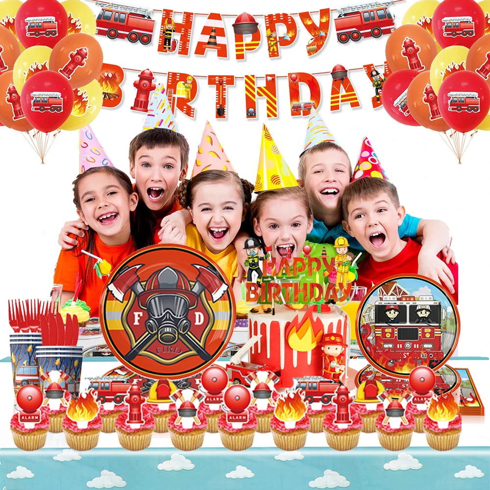 Kit Vaisselle Jetable Anniversaire Camion De Pompiers 52 Pièces - Assiettes, Serviettes, Gobelets, Nappe, Bannière