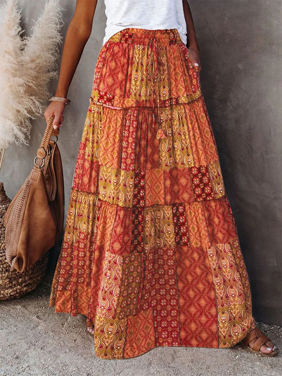 

Women's Long Skirts Fashion Bohemian Print Maxi Skirt Summer Holiday Beach Skirts Casual Loose Patchwork Skirt Female Bottoms