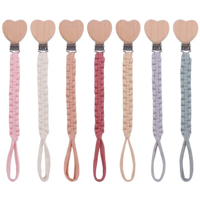 Baby Pacifier Chain Hand Braided Cotton Cloth Handmade Heart Shape Wooden Dummy Pacifier Clips For Nursing Teether Shower Gifts pacifier chain pacifier clip pacifier accessories teether clip