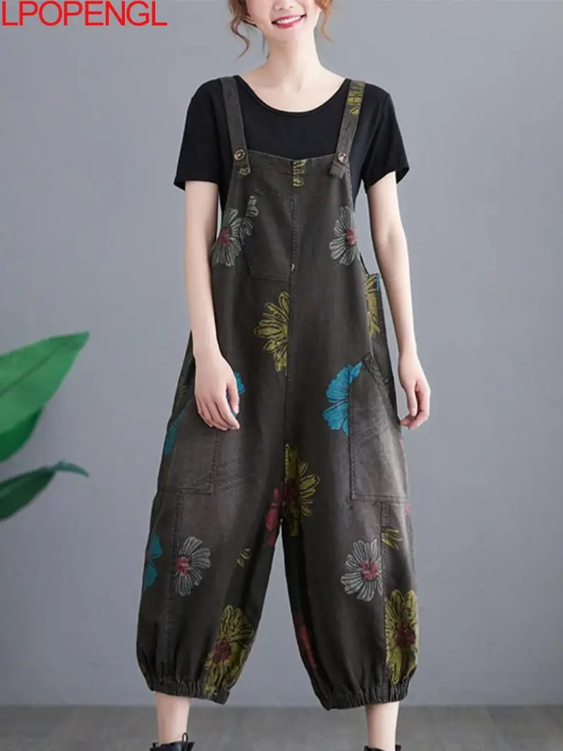 Retro Print Cotton Denim Overalls Women 