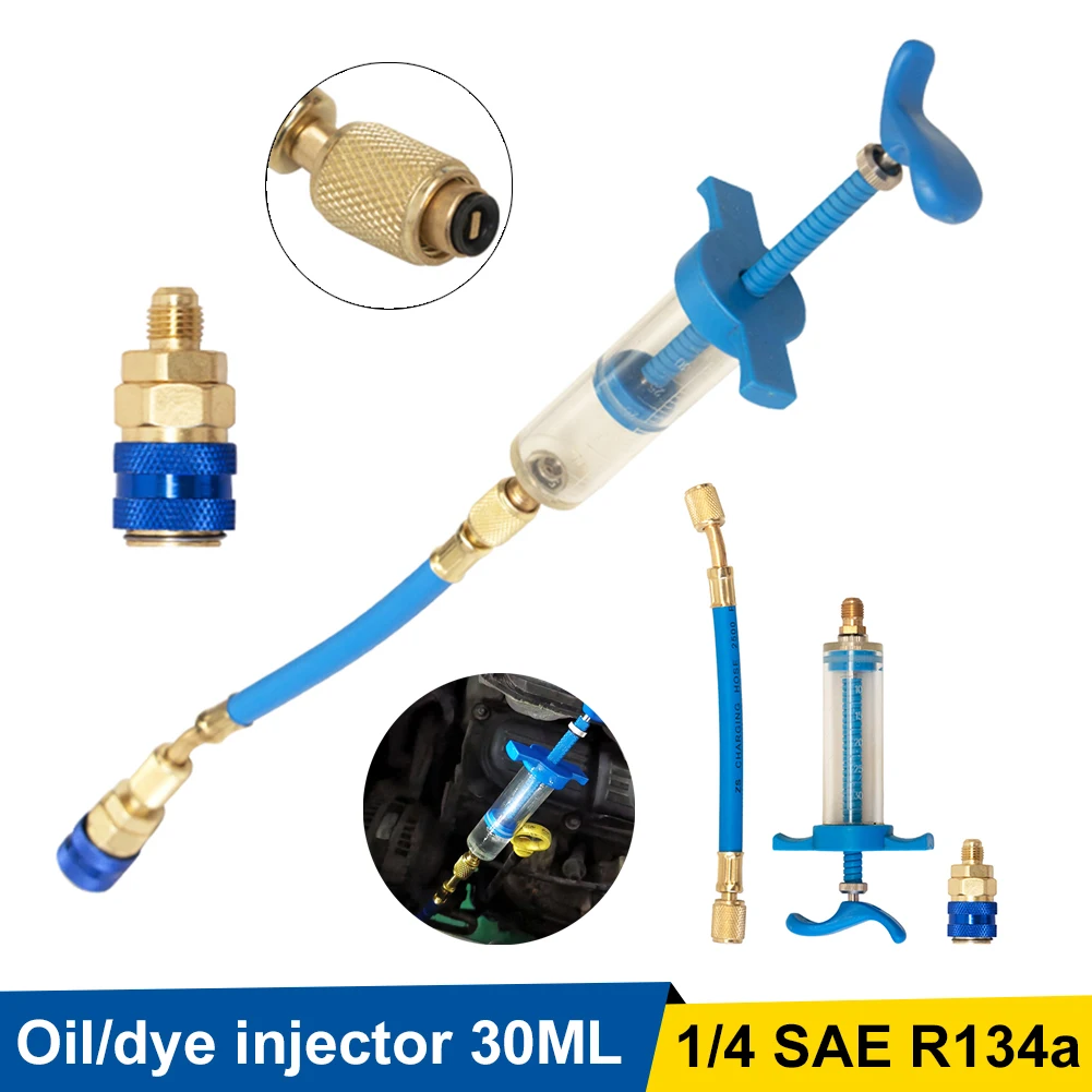 

A/C Oil Injector R134A Refrigerant Oil Dye Injection Tool Quick Connector 1/4" Injector Tool Set Manual Screw-in Oiler Adapter