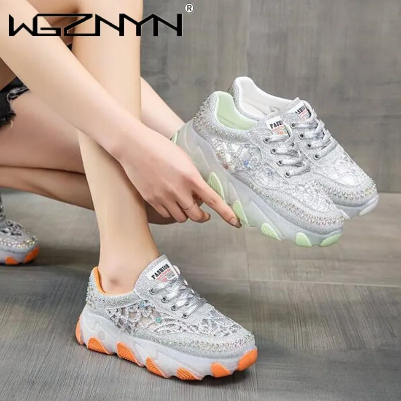 Sneakers women's Rhinestone Lace Patch Contrast Sequin Women Sneakers  Tennis Shoes For Woman Loafers Crystal shoes Zapatos Mujer